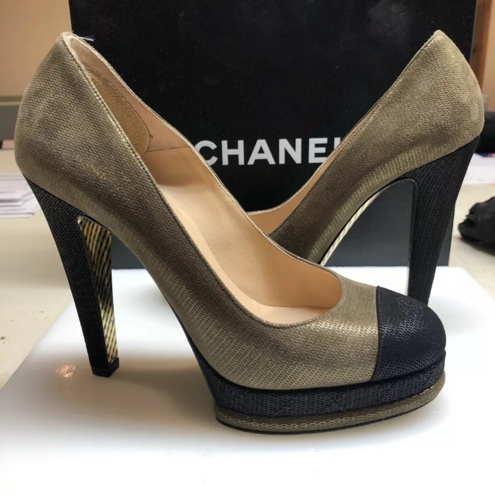Chanel Pumps Khaki Black Suede Heels 37